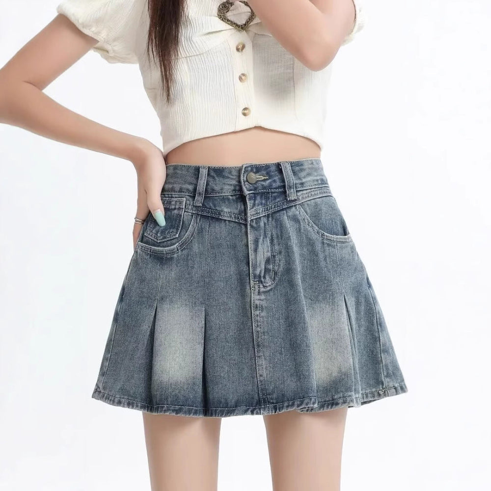 Retro Denim Skirt Summer A- Line Pleated Skirt For Women