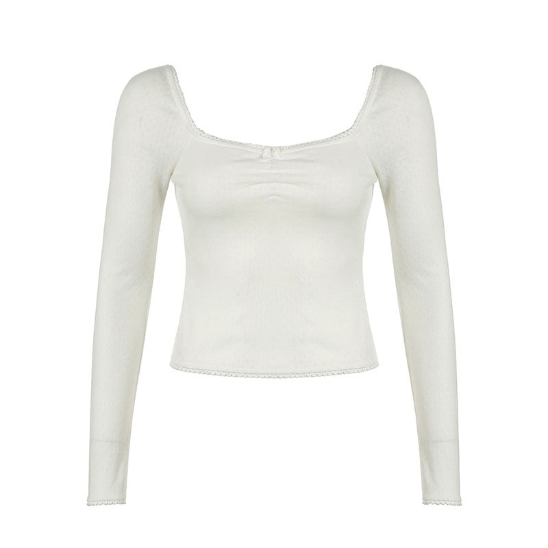 French Pure Desire Square Collar Lace Bow Long Sleeve Top For Women