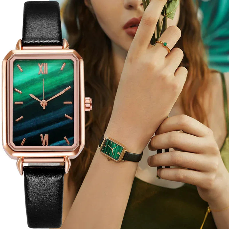 Retro Rectangular Women's Watch With Leather Strap