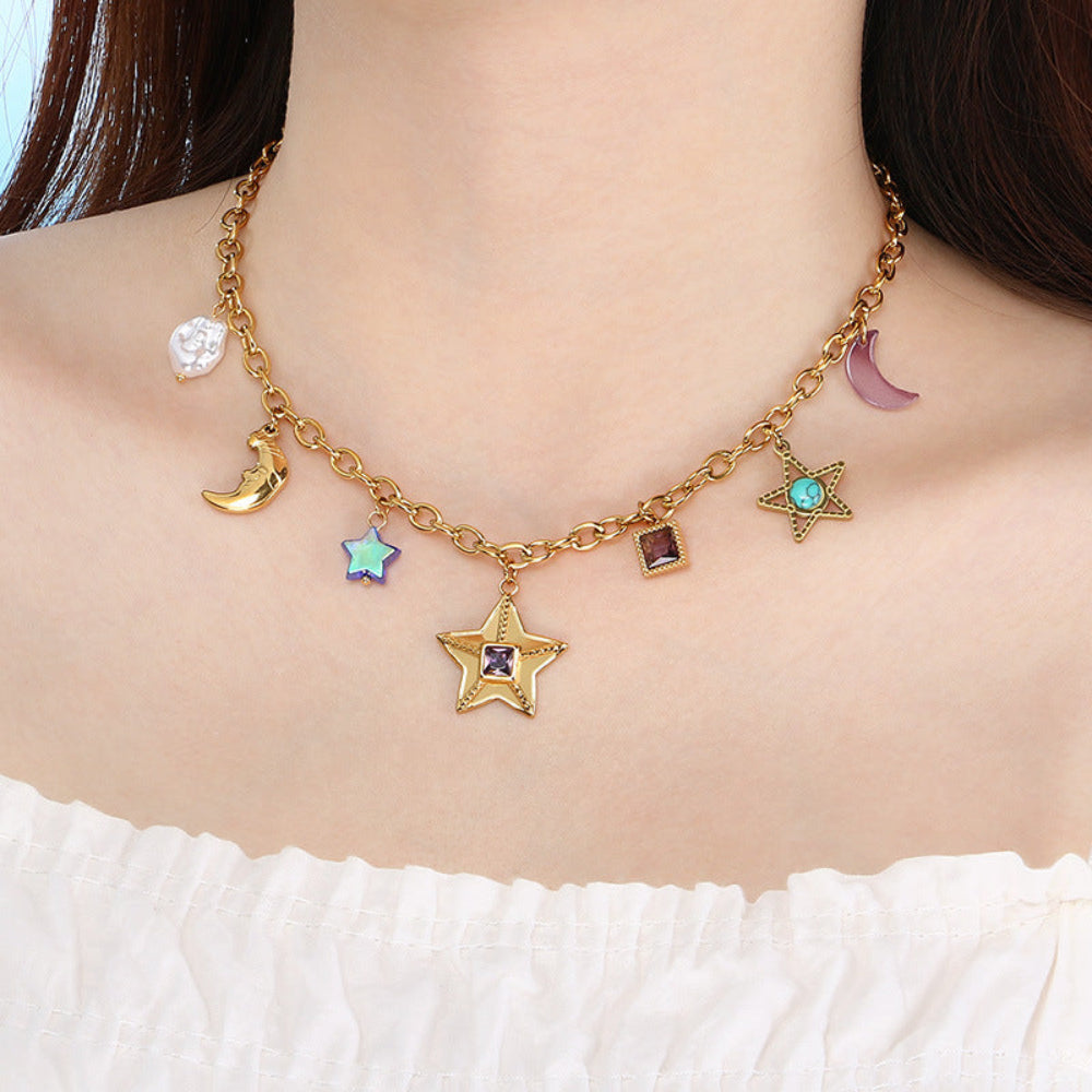 Fashion Personality Star Moon Color Artificial Glass Pearl Stainless Steel Women's Necklace