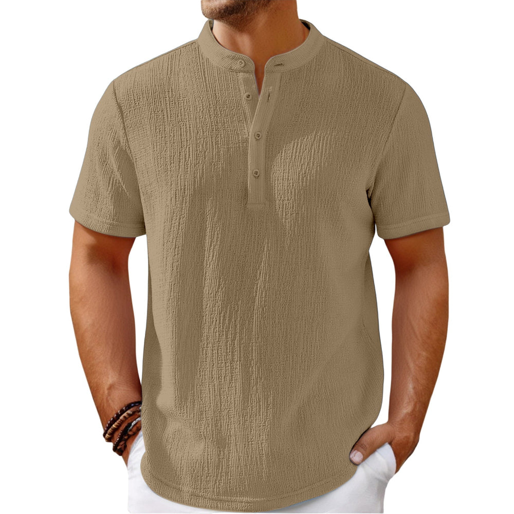Men's Retro Cotton And Linen Striped Casual Loose Henley Shirt.
