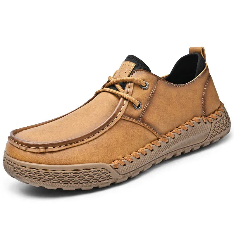 Men's Casual Leather Hand-Stitched Bottom Lightweight Low Top Shoes