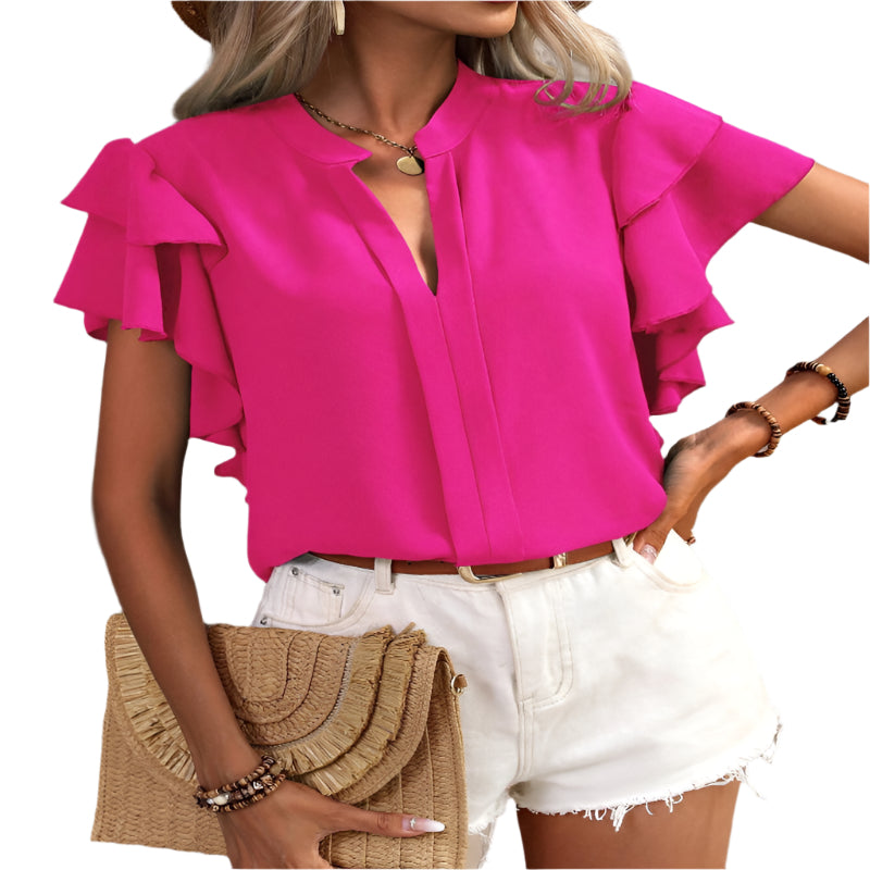Casual Summer V-Neck Solid Color Shirt Top