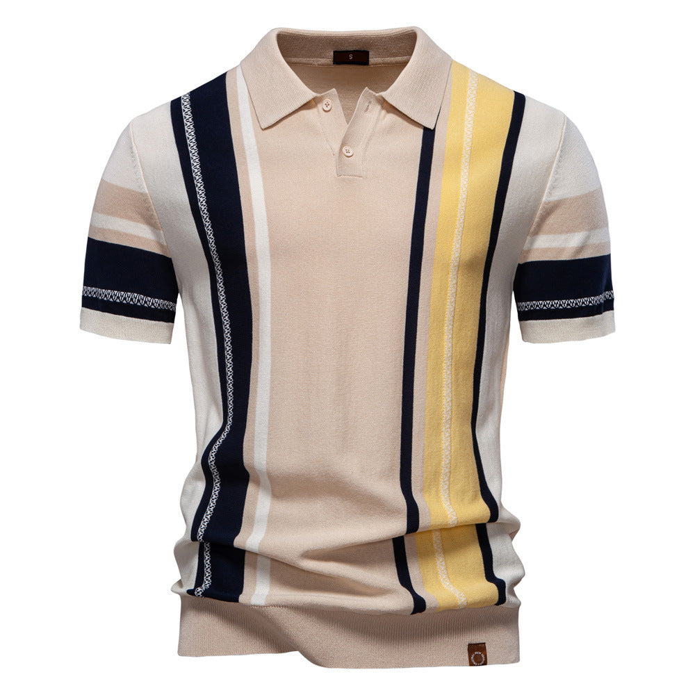 Men's Knitted Striped Short Sleeve Polo Shirt