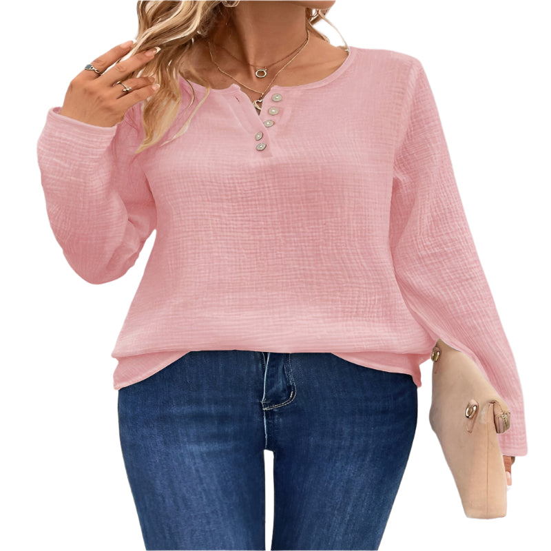 Women's Comfortable Long Sleeve Button Pullover Top T-Shirt