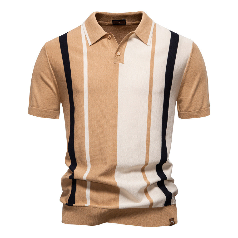 Men's Knitted Striped Short Sleeve Polo Shirt