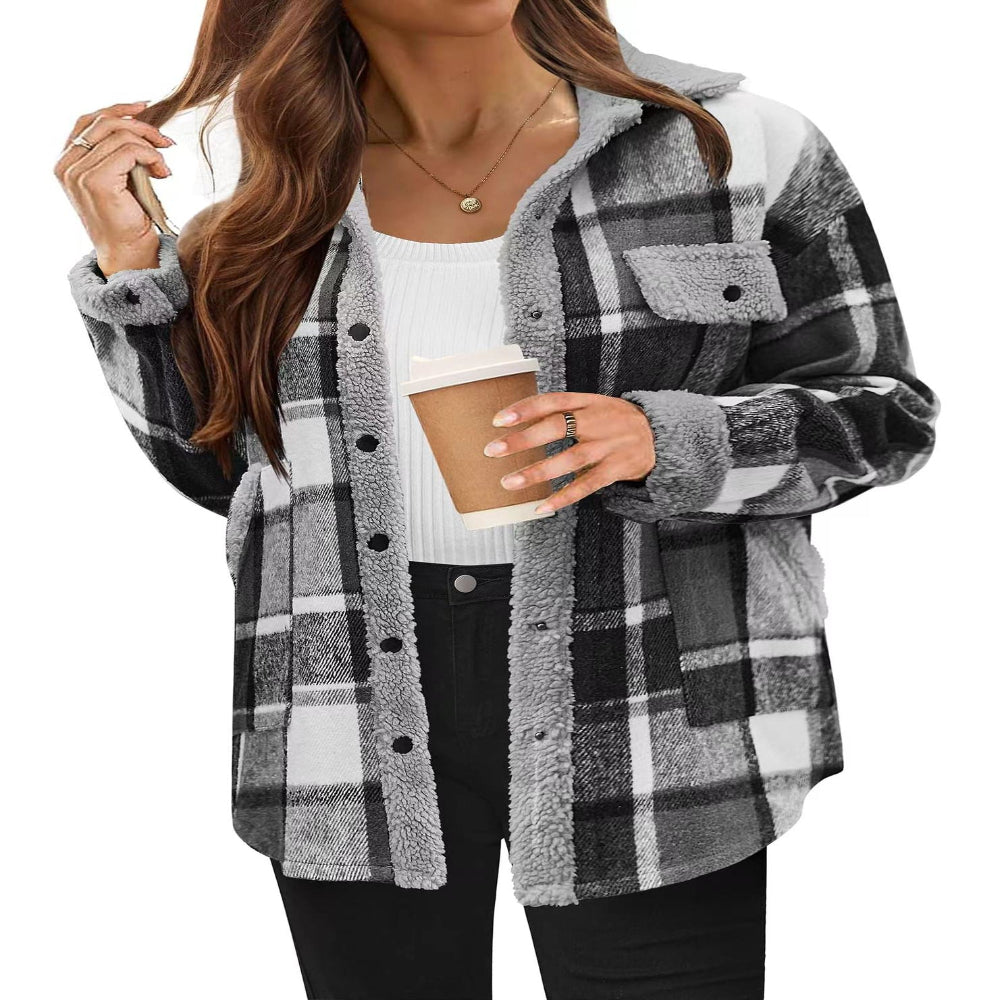 Contrast Color Plaid Jacket Casual Polo Collar Velvet Coat For Women