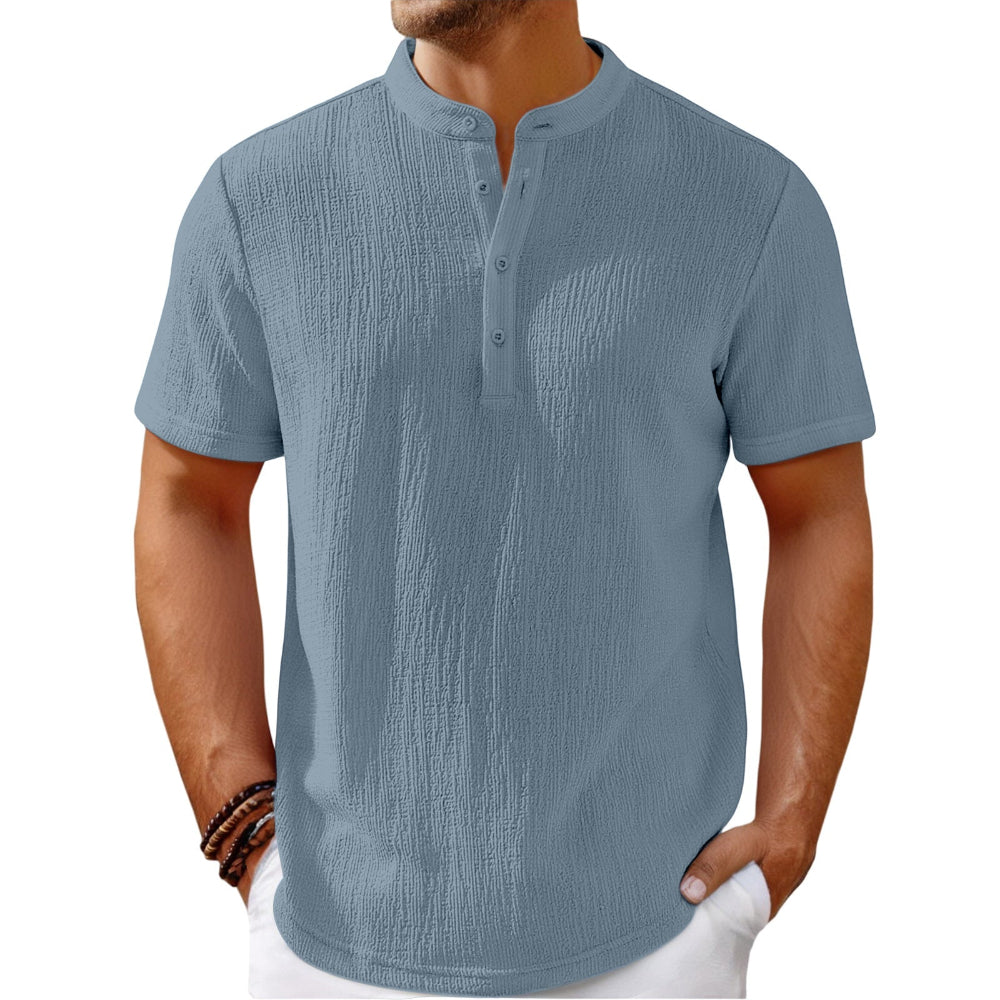 Men's Retro Cotton And Linen Striped Casual Loose Henley Shirt.