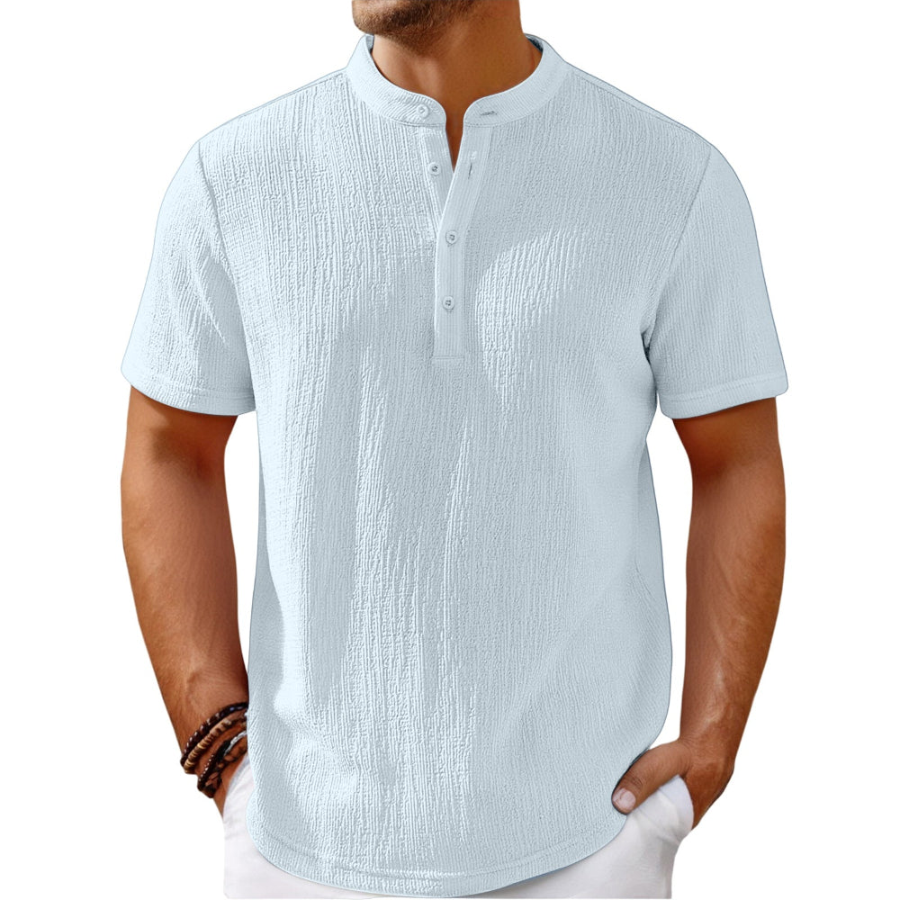 Men's Retro Cotton And Linen Striped Casual Loose Henley Shirt.