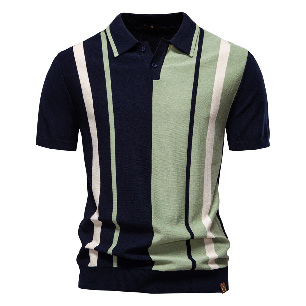 Men's Knitted Striped Short Sleeve Polo Shirt
