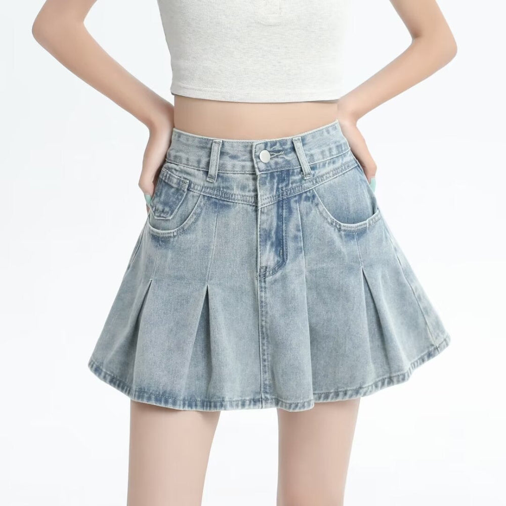 Retro Denim Skirt Summer A- Line Pleated Skirt For Women