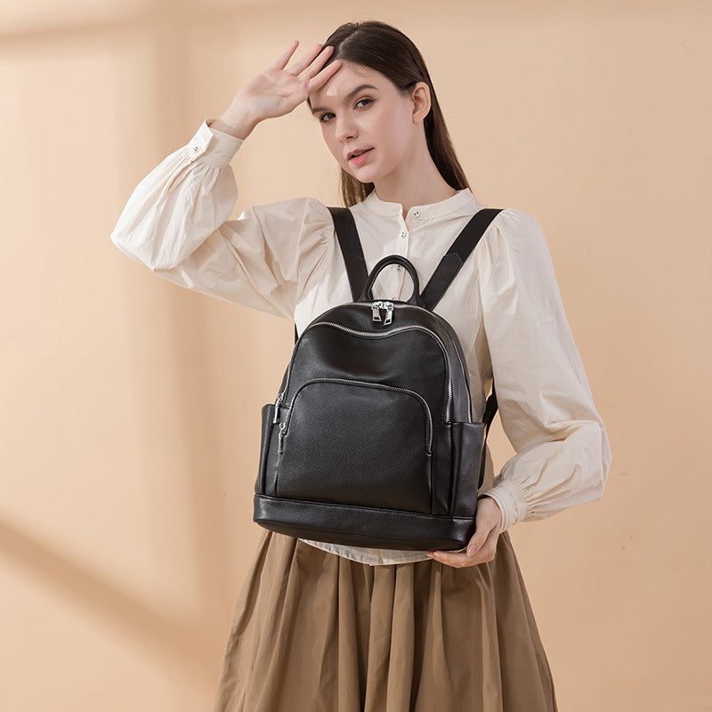 Fashionable Solid Color Large Capacity Trendy Women's Backpack Soft Leather Bag
