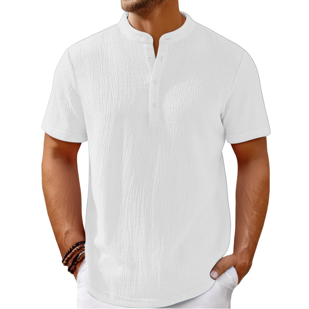 Men's Retro Cotton And Linen Striped Casual Loose Henley Shirt.