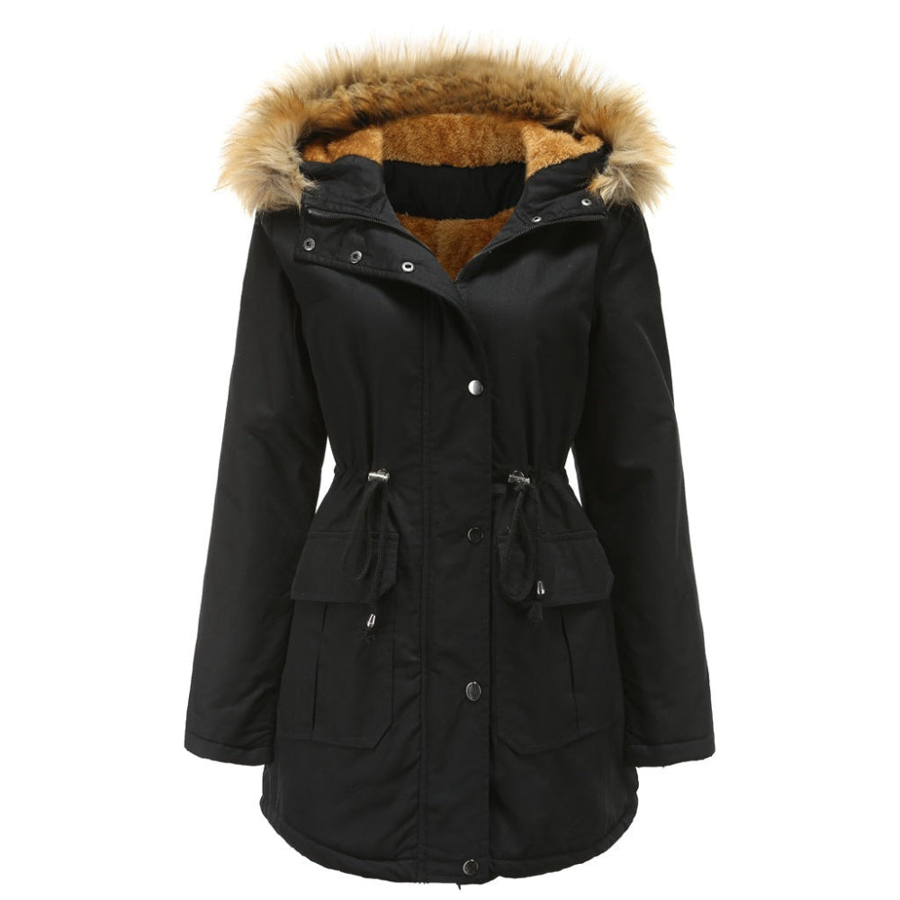 Women's Hooded Fur Collar Fleece-Lined Warm Winter Jacket
