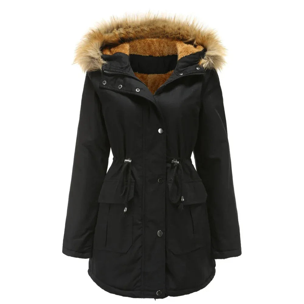 Women's Hooded Fur Collar Fleece-Lined Warm Winter Jacket