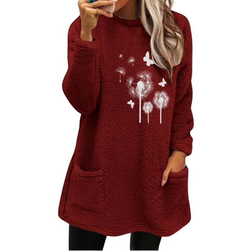Women's Round Neck Pullover Long Sleeve Pocket Embossed Double-Sided Velvet Sweater