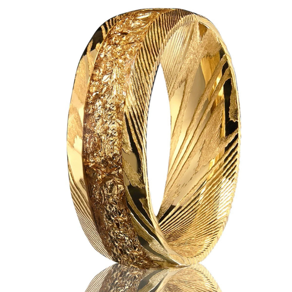 Middle Inlaid Gold Damascus Steel Ring