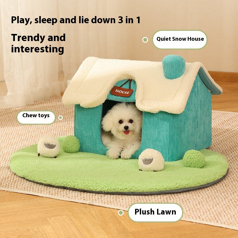 Creative Cute Cartoon Warm Pet Bed House And Plush Lawn With Multiple Dog Chew Toys