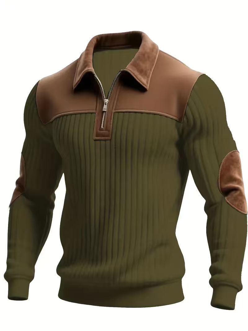 Notched-Collar Patchwork Knit Top Sweater With Zipper For Men