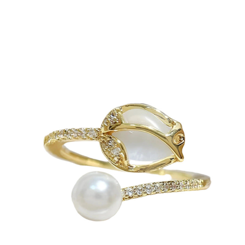 Tulip Bud Adjustable Pearl Ring For Women