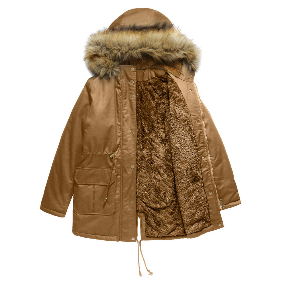 Women's Hooded Fur Collar Fleece-Lined Warm Winter Jacket