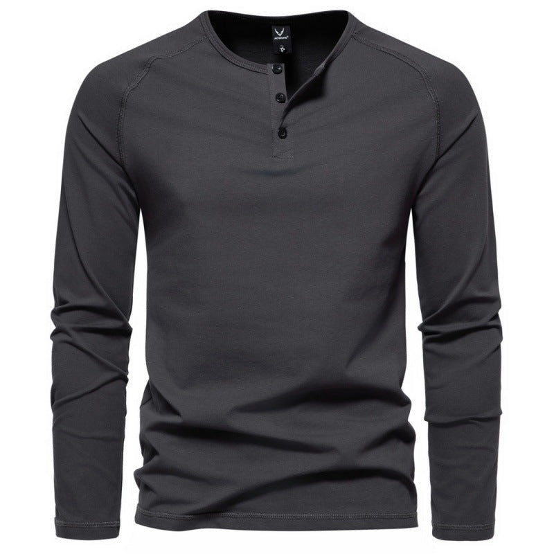Men's Henry Collar Long-Sleeved Casual Buttoned Solid Color T-Shirt