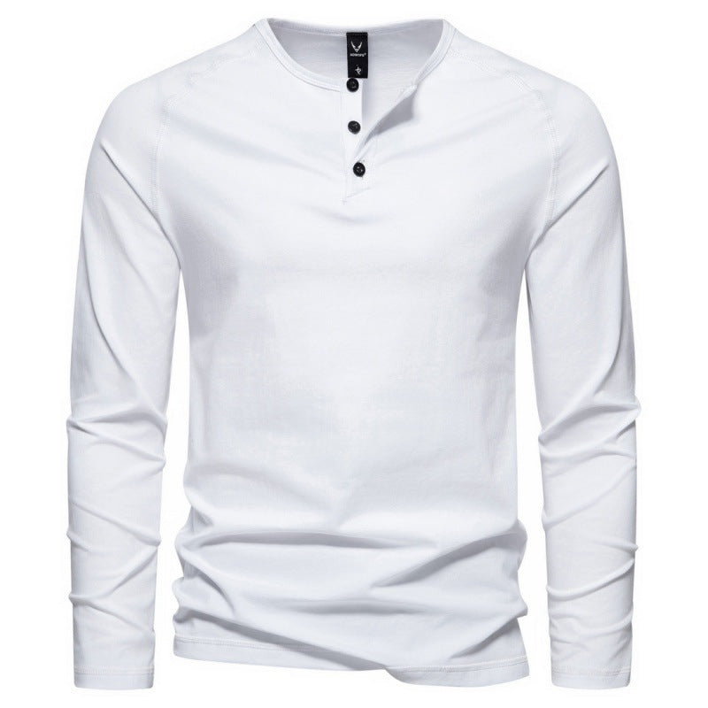 Men's Henry Collar Long-Sleeved Casual Buttoned Solid Color T-Shirt