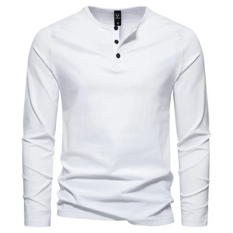 Men's Henry Collar Long-Sleeved Casual Buttoned Solid Color T-Shirt