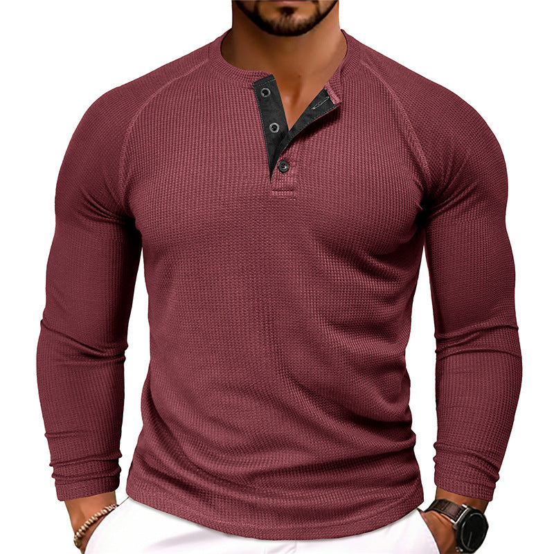 Men's Round Neck Waffle Casual Buttoned Long Sleeve T-Shirt