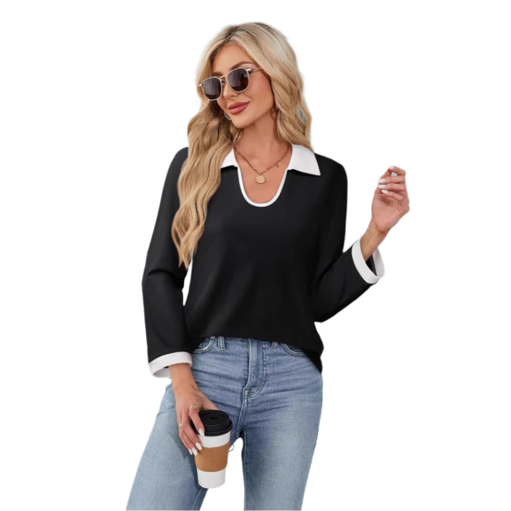 Color Matching Lapel Collar Long Sleeve Top T-Shirt For Women