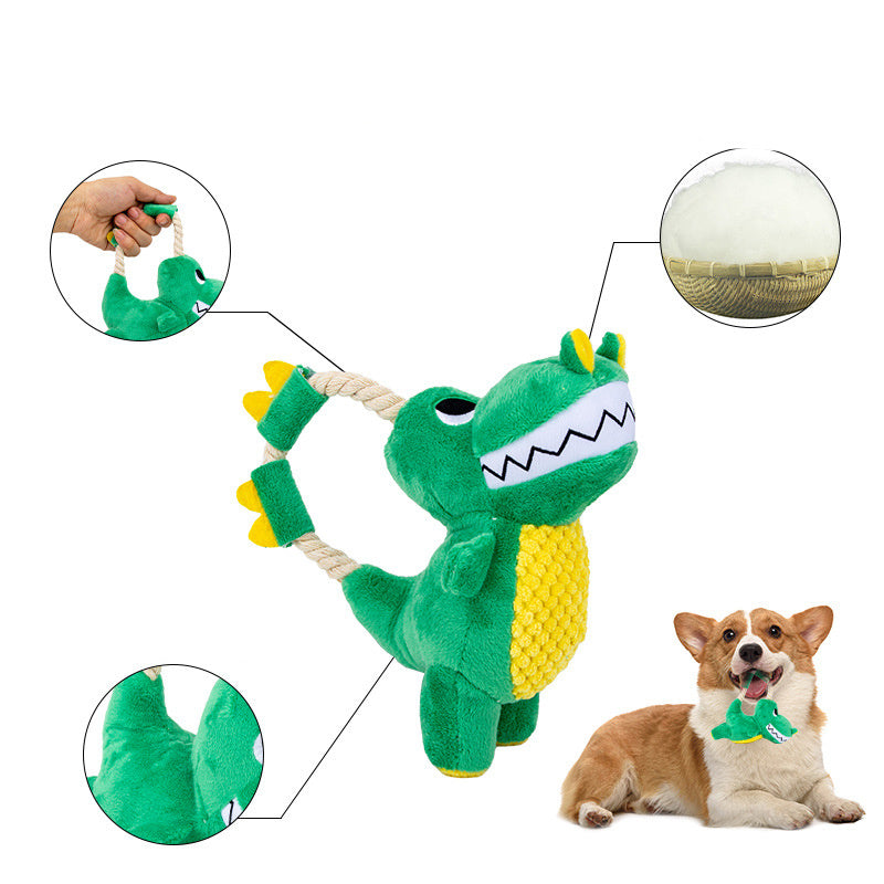 Pet Dog Plush Sounding Durable Soft interactive Dinosaur Shape Chew Toy With Squeaker.