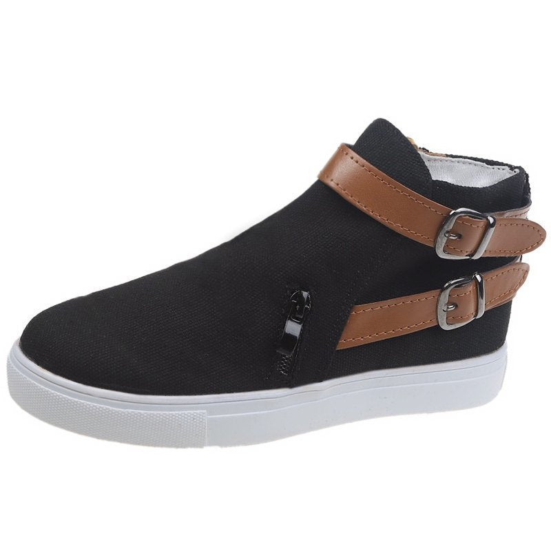 Women's Shoes Side Zipper Double Buckle Canvas Sneakers