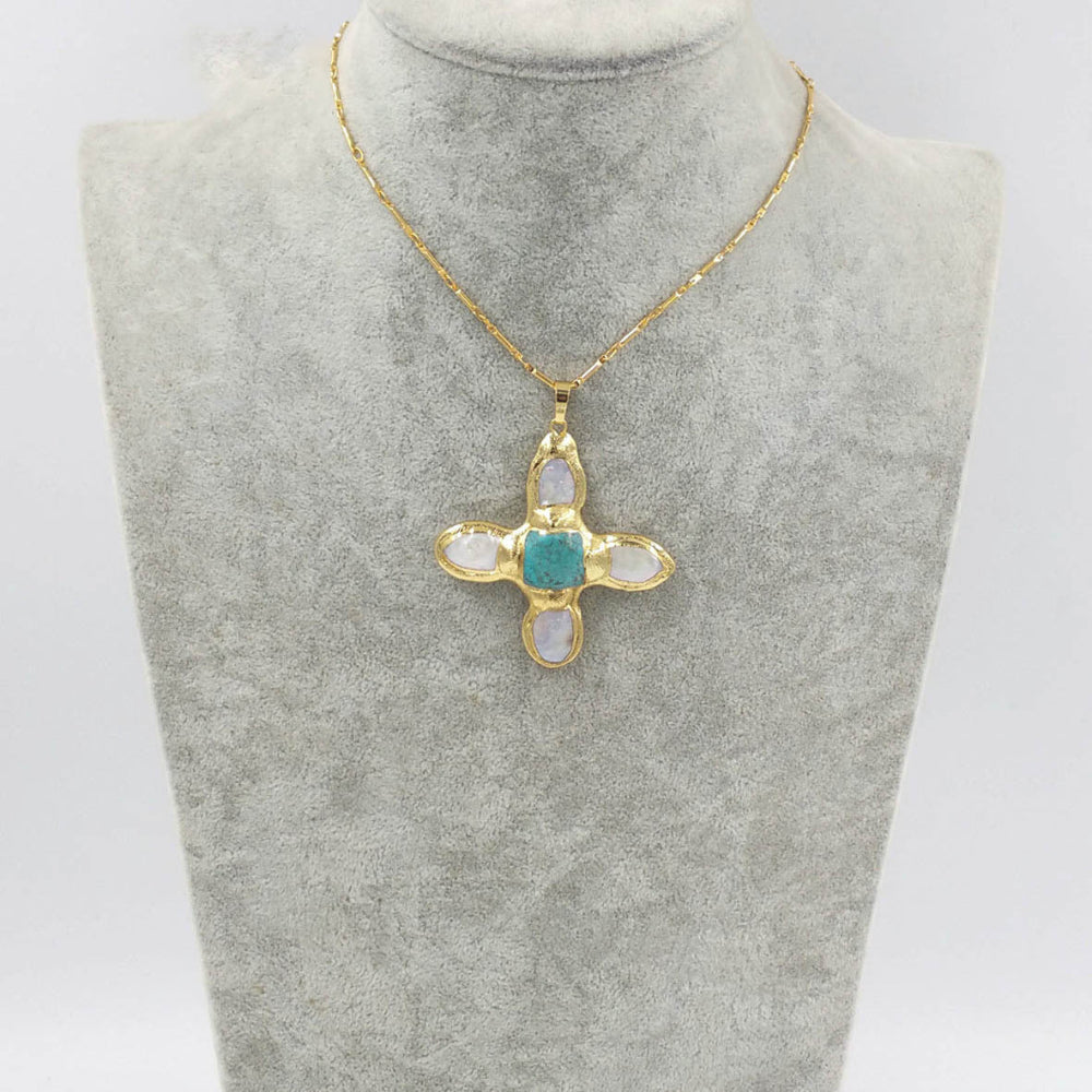Cross Shape Turquoise Freshwater Pearl 18K Gold-Plated Inlaid Pendant Necklace