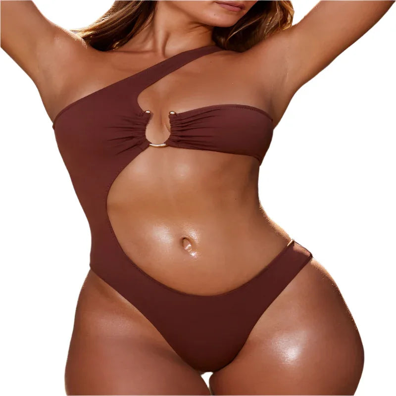 Bikini Women's Solid Color Single-Shoulder One-Piece Swimming Suit