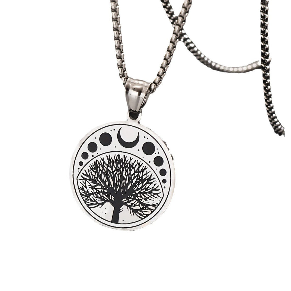Men's Round Stainless Steel Tree Life Pendant Necklace