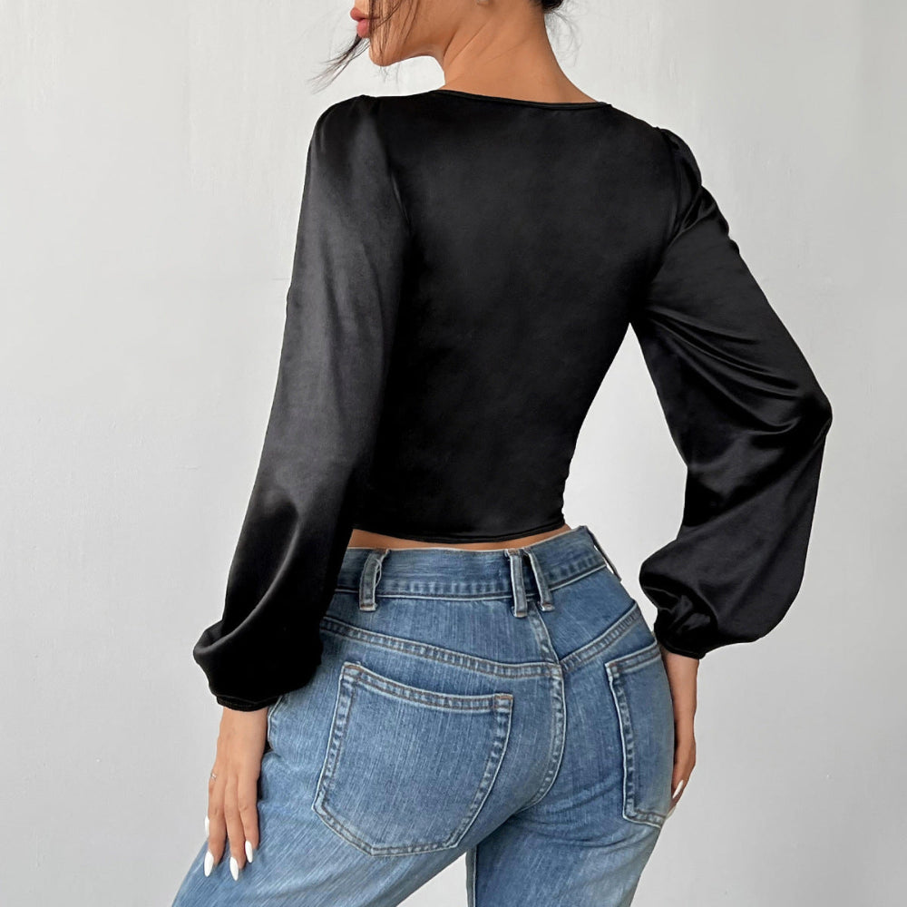 See-Through Mesh Patchwork Lace Chest Cotton Long-Sleeved Top