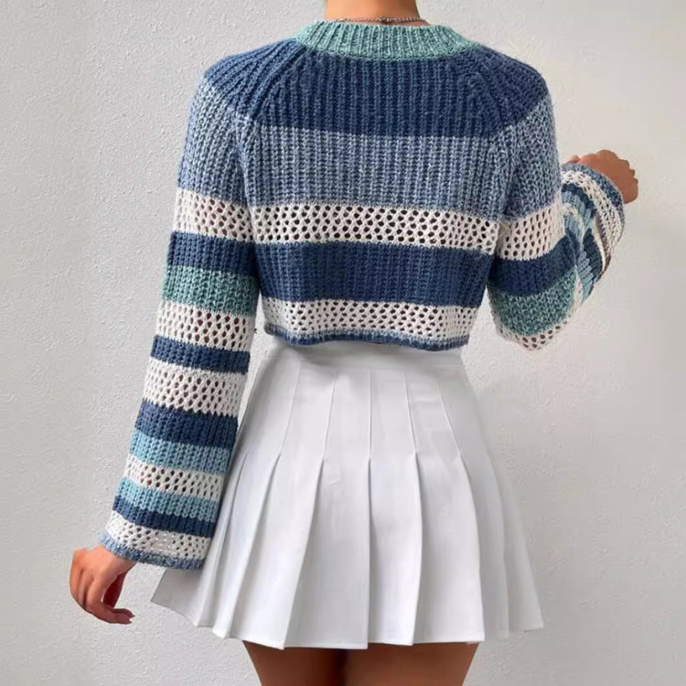 Contrast Color Striped Hollow Short Fashion Women's Sweater