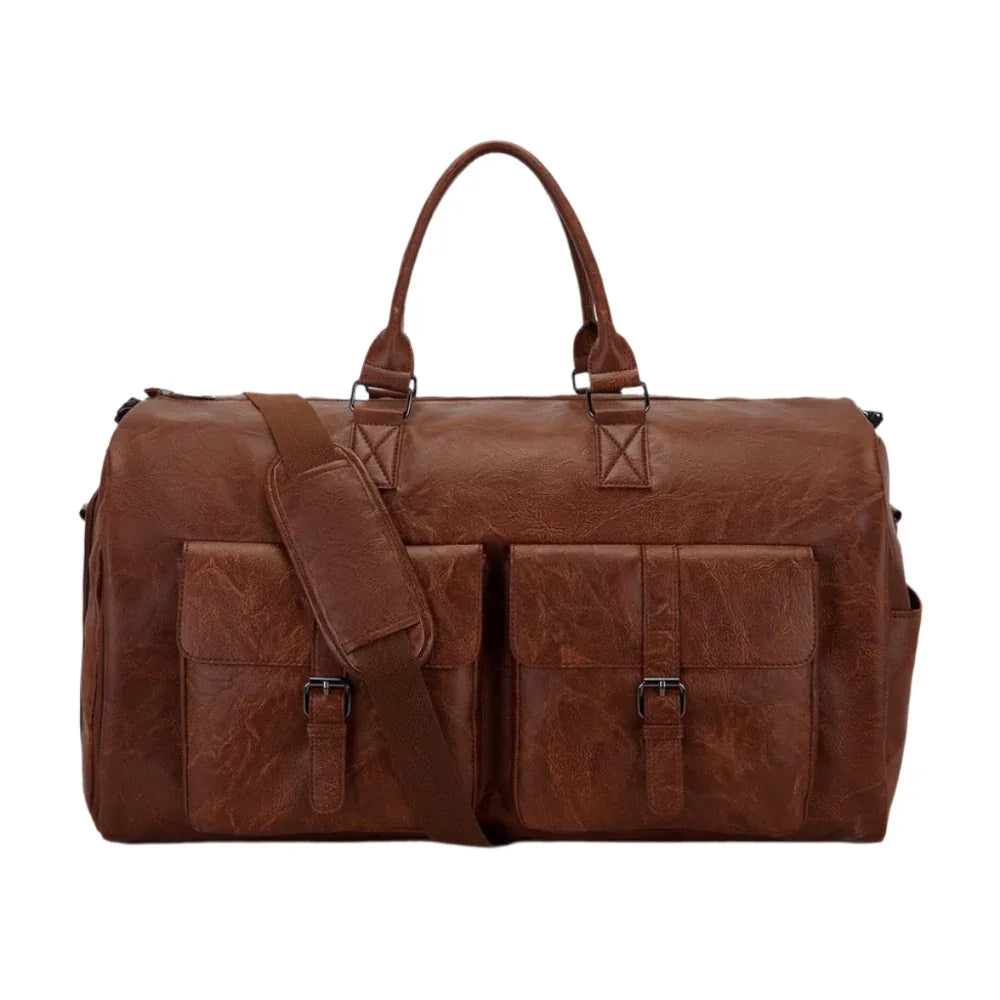 Brown PU Leather Duffle Convenient Travel Luggage Bag With Shoulder Strap - Weriion
