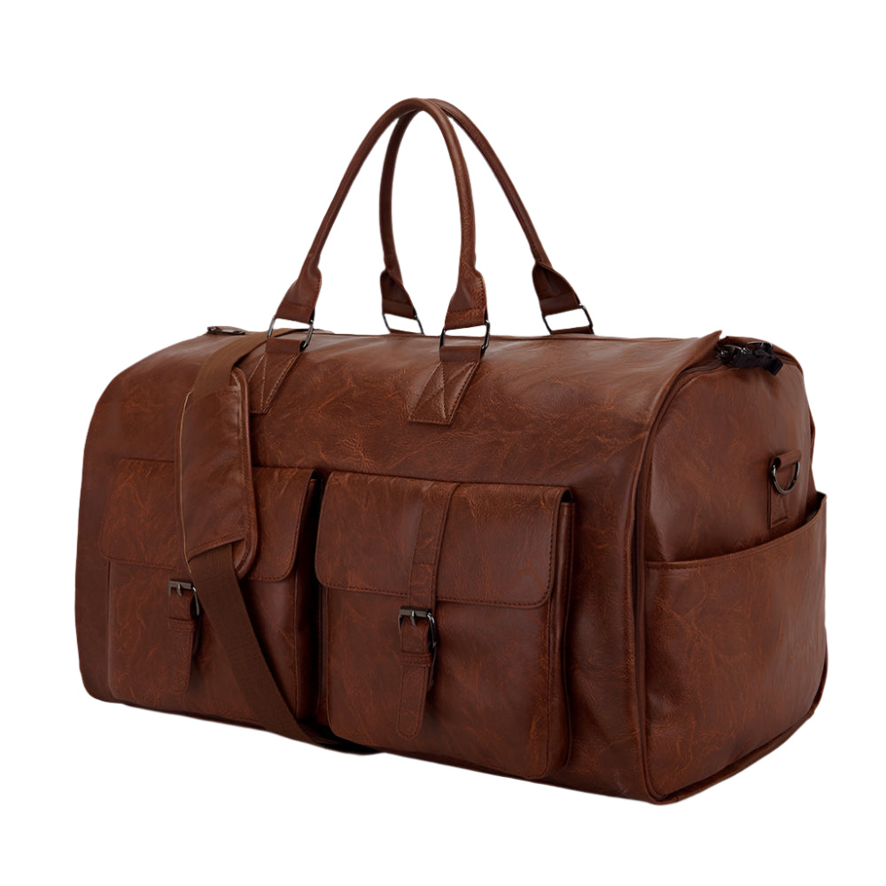 Brown PU Leather Duffle Convenient Travel Luggage Bag With Shoulder Strap - Weriion