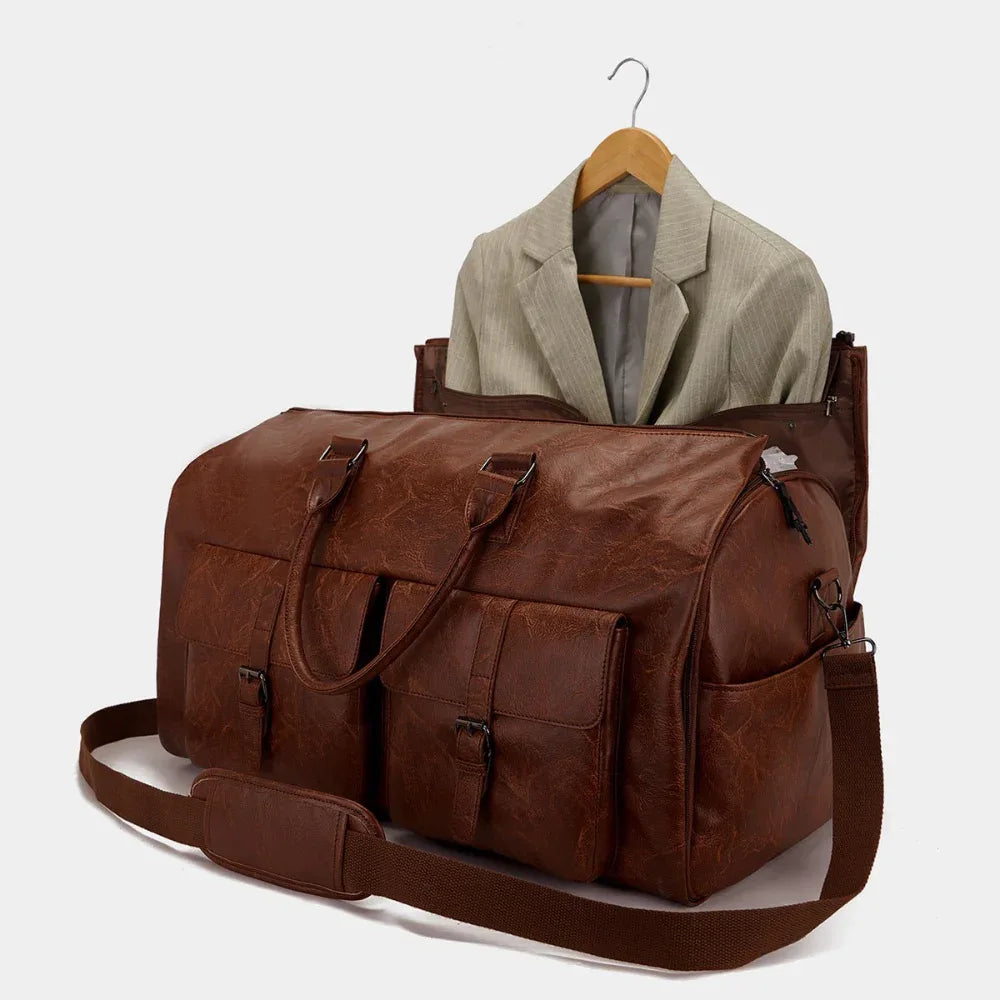 Brown PU Leather Duffle Convenient Travel Luggage Bag With Shoulder Strap - Weriion