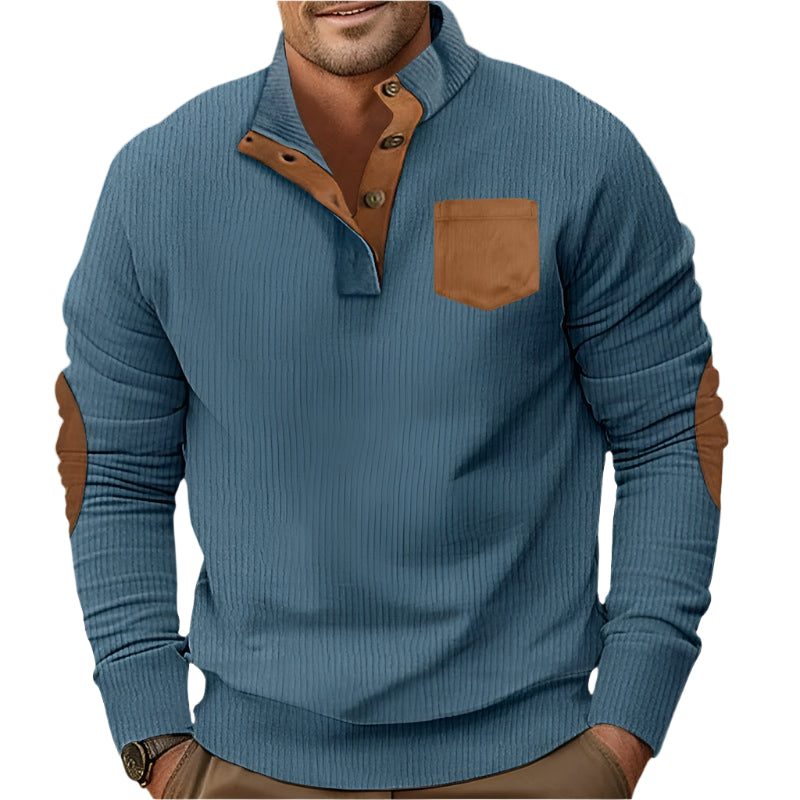 Buttoned Standing Collar Men's Sweater With Chest Pocket - Weriion