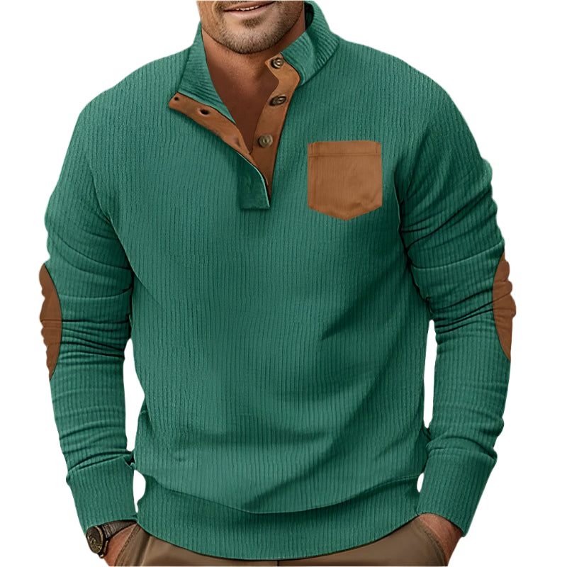 Buttoned Standing Collar Men's Sweater With Chest Pocket - Weriion