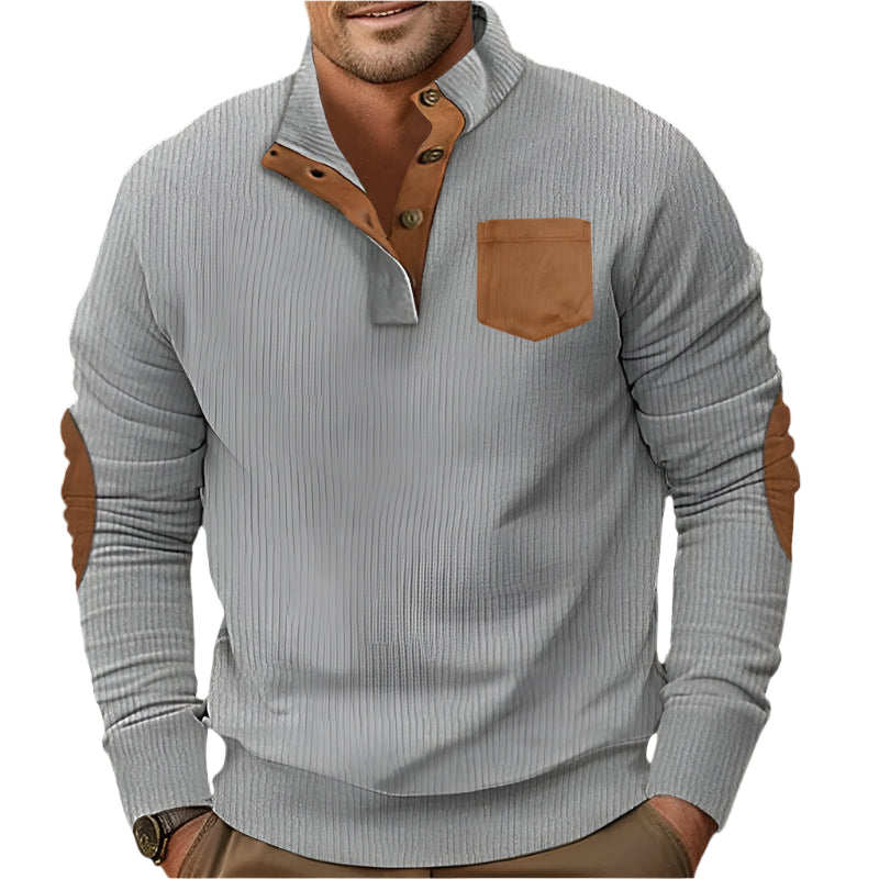 Buttoned Standing Collar Men's Sweater With Chest Pocket - Weriion