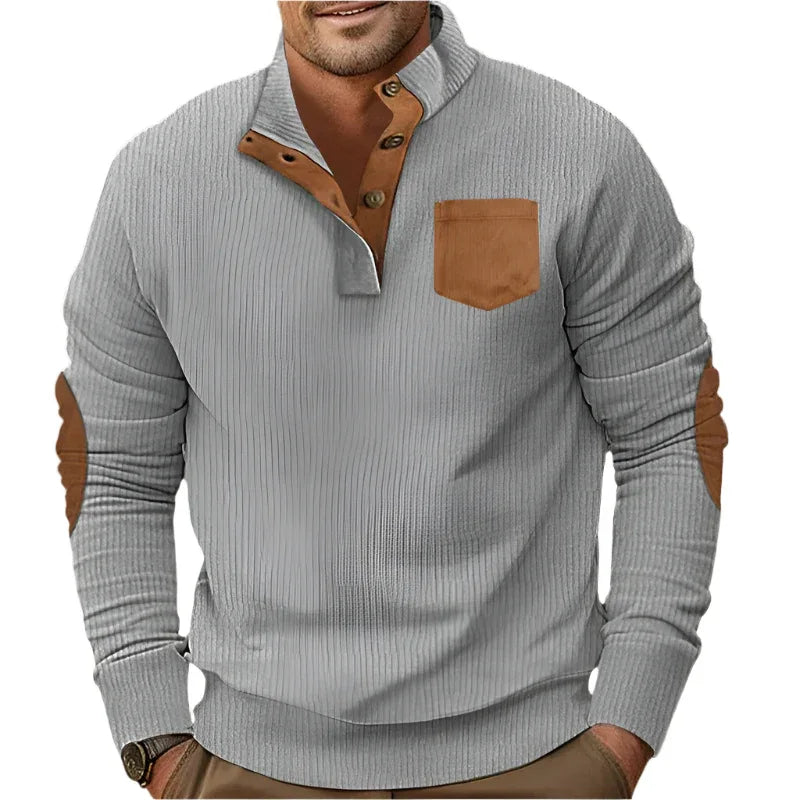Buttoned Standing Collar Men's Sweater With Chest Pocket - Weriion