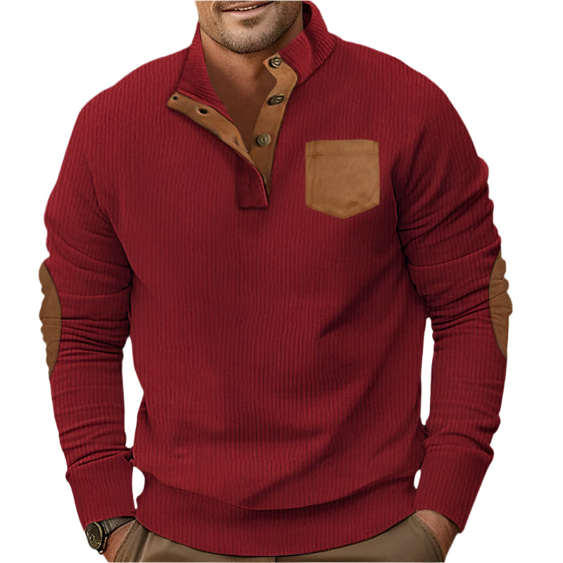 Buttoned Standing Collar Men's Sweater With Chest Pocket - Weriion