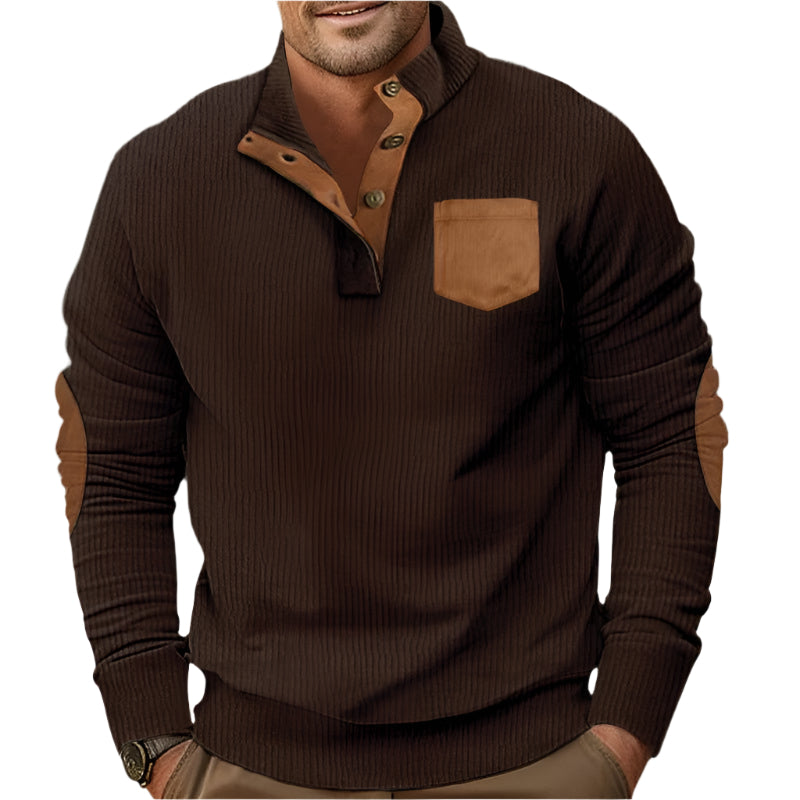 Buttoned Standing Collar Men's Sweater With Chest Pocket - Weriion