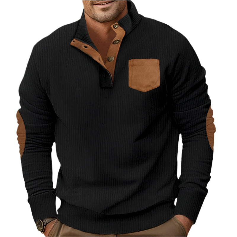 Buttoned Standing Collar Men's Sweater With Chest Pocket - Weriion