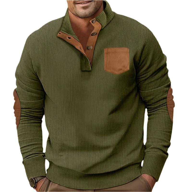 Buttoned Standing Collar Men's Sweater With Chest Pocket - Weriion