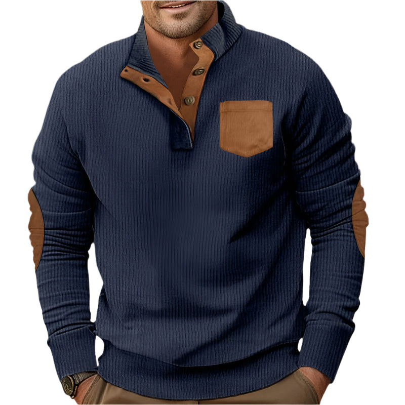 Buttoned Standing Collar Men's Sweater With Chest Pocket - Weriion