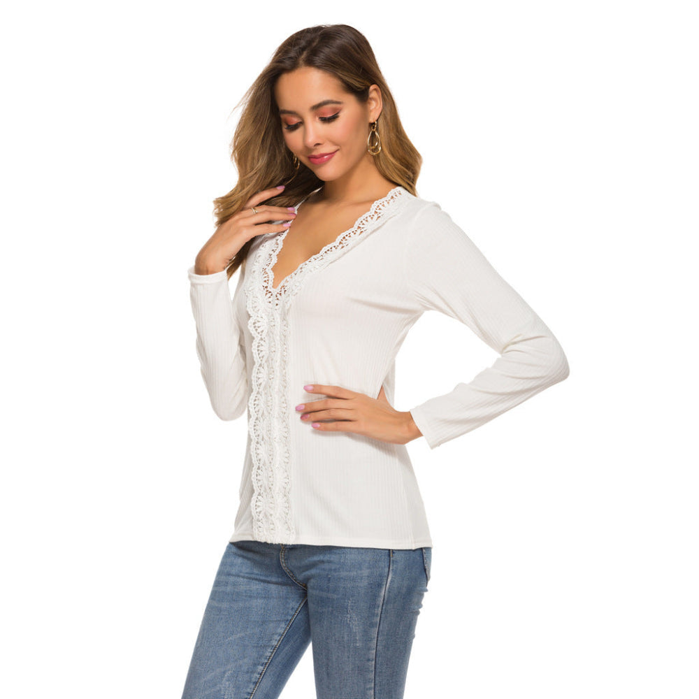 Lace Long Sleeve Sweater Bottoming Shirt Women's Slim Stretch Top